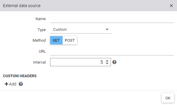Konfiguration einer benutzerdefinierten externen Datenquelle mit Auswahl GET und Eingabe der URL, sowie des Abfrageintervalls