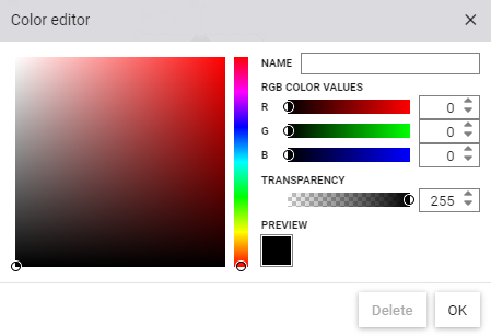 Dialog zum Erstellen oder Bearbeiten einer individuellen Projektfarbe. Vorgabe des RGB-Farbwertes und des Transparenzwertes