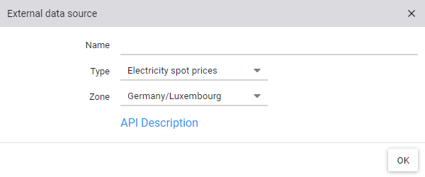 Konfiguration einer externen Datenquelle zum Abrufen der Börsenstrompreise mit Auswahl der Länderzone Deutschland/Luxemburg