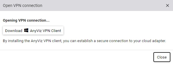 Dialog nach Klick auf VPN-Verbindung herstellen mit der Möglichkeit zum Download des AnyViz VPN Client