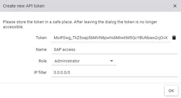 Dialog zum Erstellen eines API-Tokens mit Auswahl der Rolle und einem IP-Filter