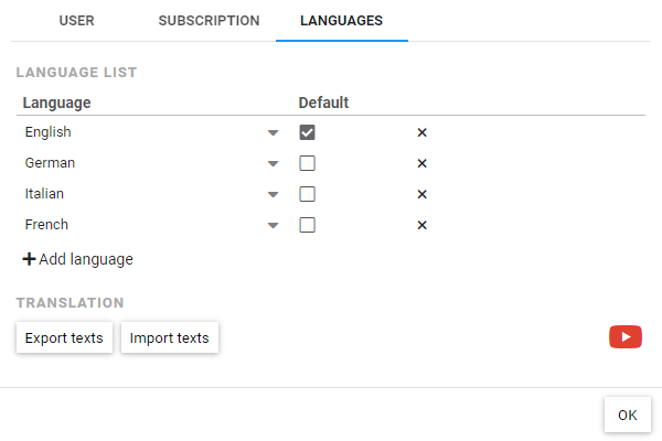 Konfiguration unterschiedlicher Sprachen in den Einstellungen eines Projektes mit Auswahl der Standardsprache, sowie der Möglichkeit Texte ex- und importieren zu können