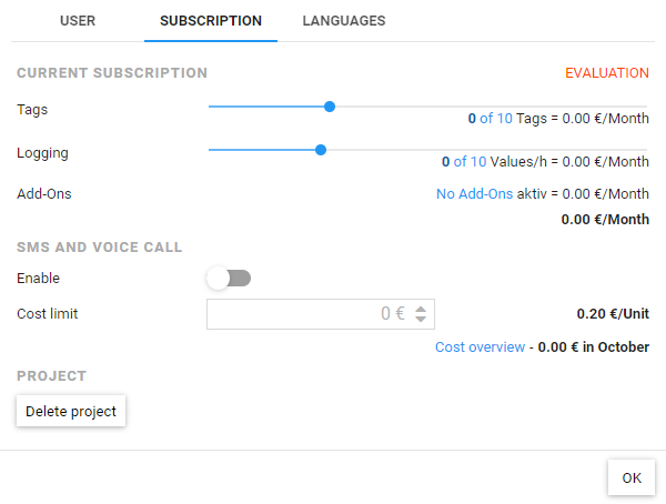Konfiguration von Datenpunk- und Aufzeichnungstarif, sowie Kostenlimit für SMS und Sprachanrufe. Möglichkeit zum Löschen des Projektes.