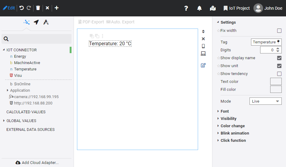 Editiermodus mit Cloud Adapter Objektbaum, Editierbereich und Konfigurationsbereich