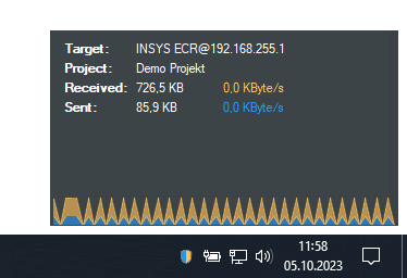 Geöffneter AnyViz VPN Client über der Taskleiste mit Anzeige des Datenvolumens